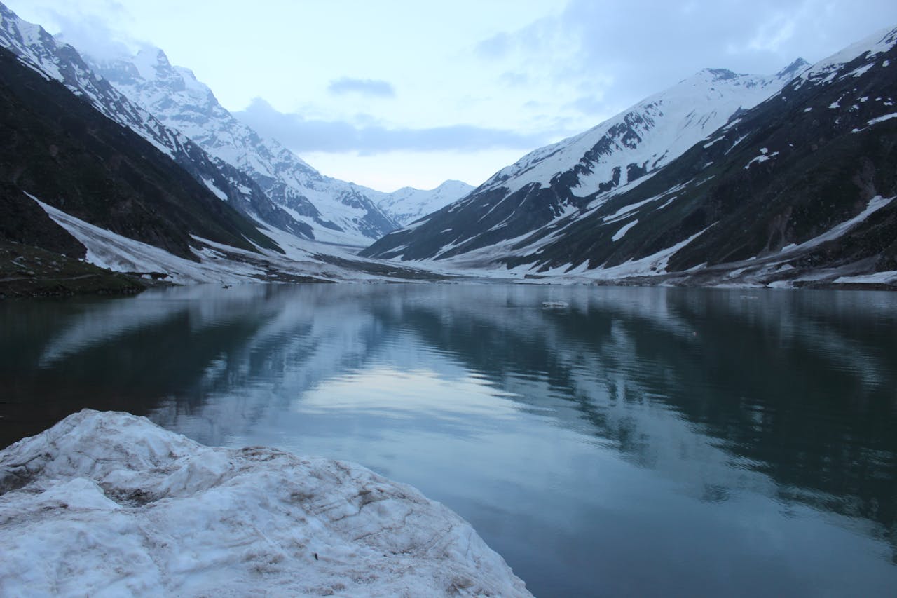 A breathtaking view of snow-covered Saif-ul-Maluk Lake surrounded by mountains in Pakistan.